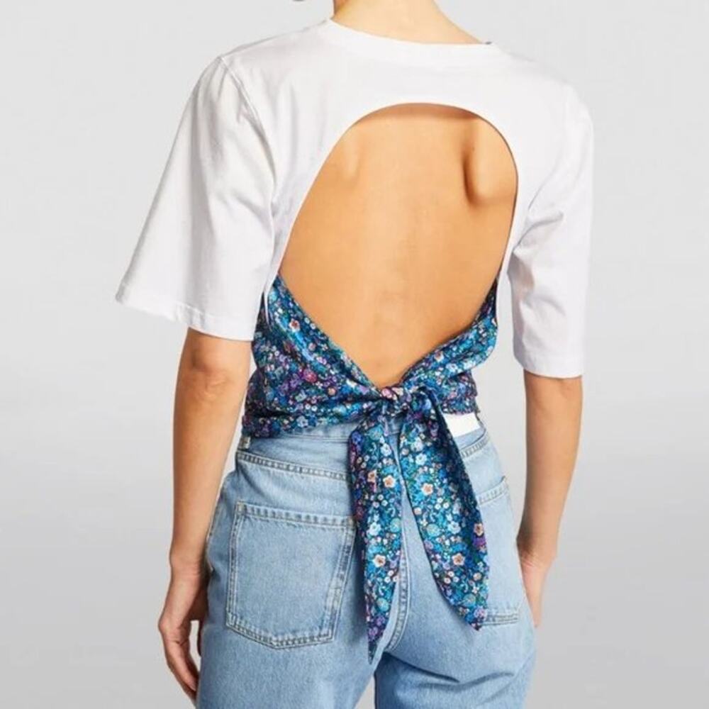 Sandro Lutetia Floral Print Mixed Media Top Open Back Tie Ruched Satin Blouse - Picture 9 of 12